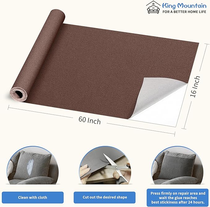 KING MOUNTAIN Canvas Repair Patch 16×60 Inch Self-Adhesive Waterproof Fabric Patch for Sofas, Tents, Furniture,Tote Bags, Car Seats (Brown)