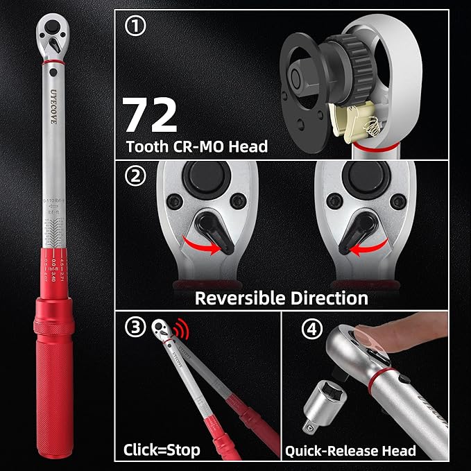 1/4 3/8 1/2-inch Drive Click Torque Wrench, 3Pcs Torque Wrench Set 20-200ft .lb, 10-110ft.lb, 10-170ft.lb ,±3% Accuracy, 72-Tooth Dual Scale Torque Wrenches for Bike, Moto, Car Repair Maintenance