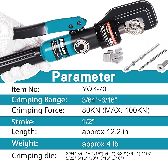 AMZCNC Wire Rope Crimping Tool for Aluminum Crimping Loop Sleeve, Two Barrel Ferrule, Oval Sleeves, 3/64 in to 3/16 in, Stainless steel wire rope Swaging Tool Kit with Wire Rope Cutter
