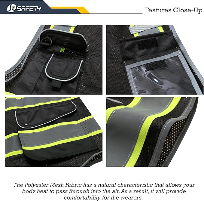 JKSafety 9 Pockets Hi-Vis Black Color Zipper Front MESH Safety Vest with Fluorescent Yellow Extend Edge outlining the Reflective Tapes Meet ANSI/ISEA Class 1 Standard (100-Black, 5XL)
