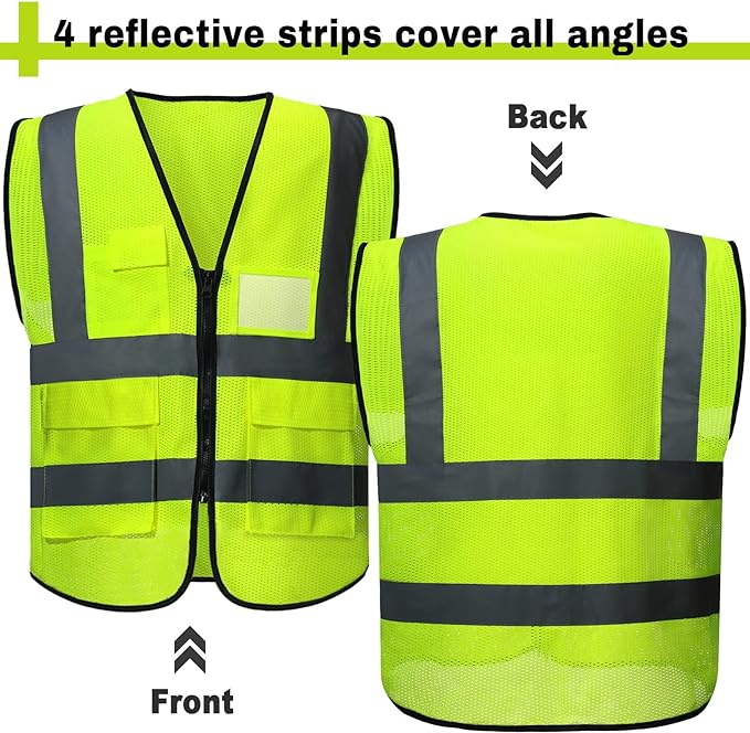 JaGely 50 Pack Reflective Safety Vests with Pockets, High Visibility Mesh Construction Vest for Men Women, Neon Yellow, Size L
