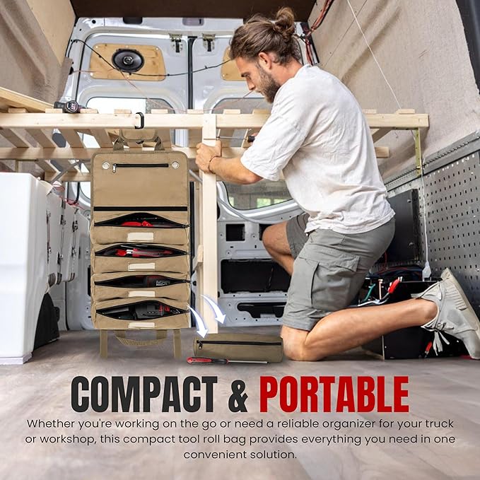 Tool Roll Bag Organizer with Magnetic Plate – Heavy Duty Polyester, Ideal Gifts For Men, Portable Tool Roll Up Bag with 5 Large Pouches & 4 Tool Strap – Khaki (26 Inches)