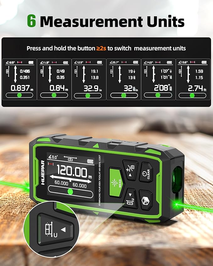 Huepar Dual Laser Measuring Tool, 393Ft Green-Beam Bilateral Digital Laser Distance Measure 6 Units Ft/in/M, Rechargeable Laser Measurement Tool -Backlit LCD Display, Length/Area/Volume/Angle Sensor