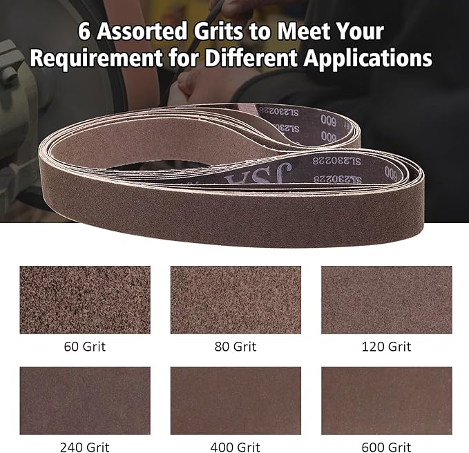 2 x 72 Inch Sanding Belts, 60/80/120/240/400/600 Grit Aluminum Oxide Metal Sanding Belts Assortment, 2x72 Grinding Belts for Knife Sharpening Metal Working, 6 Pack(2x72in)