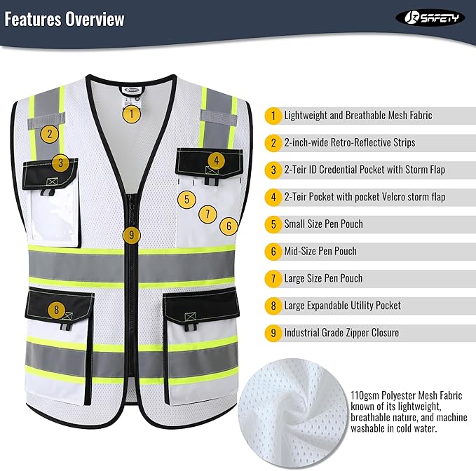 JKSafety Hi Vis Reflective Safety Vests for Men Women High Visibility Vest with Pockets Mesh Fabric Construction Safety Apparel Neon Vest for Work (220-White L)