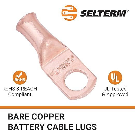 SELTERM 2pcs 8 AWG 1/4" Stud Copper Wire Lugs, Battery Lugs, Ring Terminals, Battery Cable Ends, 8 Gauge Ring Terminal Connectors, UL Heavy Duty Bare Copper Eyelets Battery Terminal Connectors