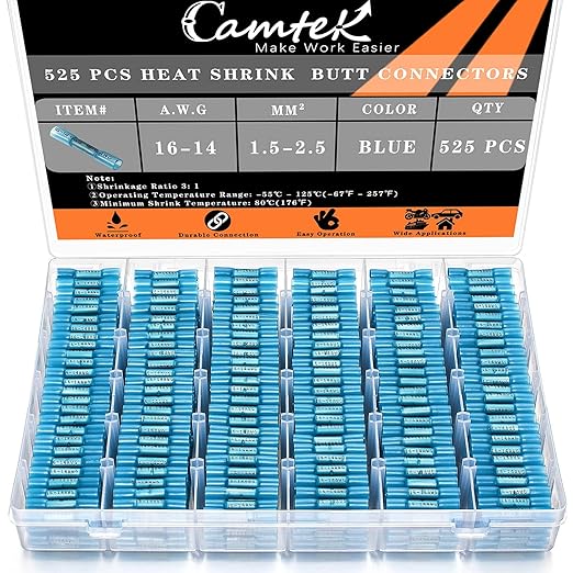 525PCS Heat Shrink Butt Connectors Blue 16-14 AWG, Marine Grade Tinned Red Copper Crimp Splice Terminals Insulated Waterproof Electrical Wire Connectors for Marine,Truck,Stereo