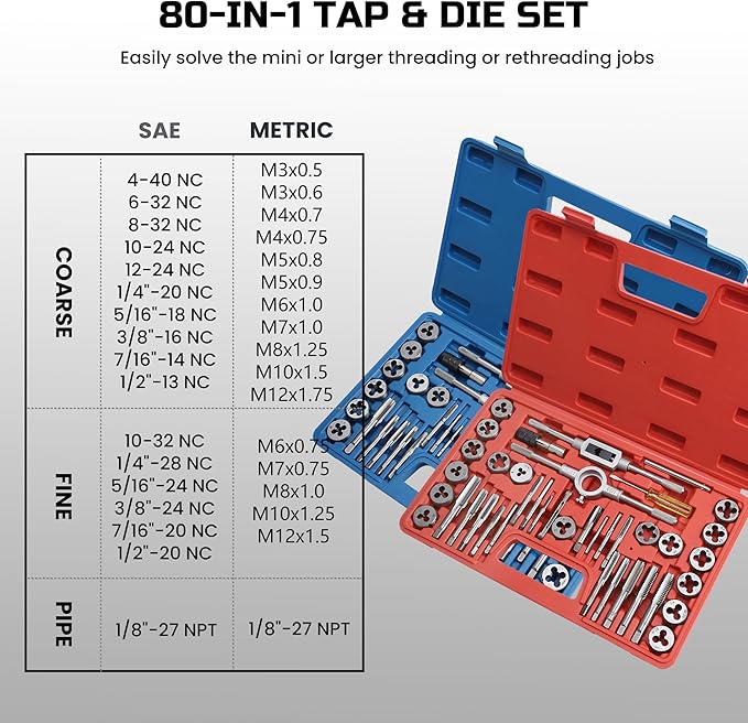 40pcs Metric Tap and Die Set, Metric Standard Rethreading Tool Kit, Coarse and Fine Threads for Cutting External and Internal Threads, Essential Repair Tool Kit with Thread Wrench