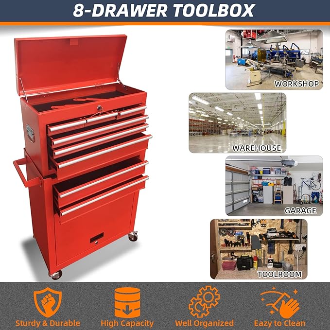 8-Drawer High Capacity Rolling Tool Chest, Big Storage Removable Tool Box Combo, Lockable Drawer Tool Cabinet for Workshop and Garage (Red)