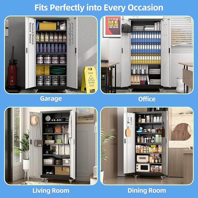 Aobabo Upgrade 71H''*34''W*18''D Metal Garage Storage Cabinet with Wheels and Pegboards, 5 Adjustable Shelves Steel Storage Cabinets for Home,Warehouse,Garage,Assembly Required,Black and Sliver