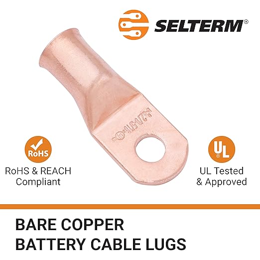 SELTERM 5pcs 2/0 AWG 5/16" Stud Copper Wire Lugs, Battery Lugs, Ring Terminals, Battery Cable Ends, 00 Gaug Ring Terminal Connectors, UL Heavy Duty Bare Copper Eyelets Battery Terminal Connectors