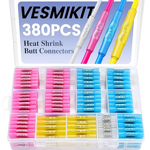 380PCS Vesmikit Heat Shrink Butt Connectors-Marine Grade Waterproof Electrical Wire Connectors Kit-Tinned Copper Insulated Crimp Terminals Butt Splice for Wiring,Automotive,Boat,Trailer Truck,Stereo