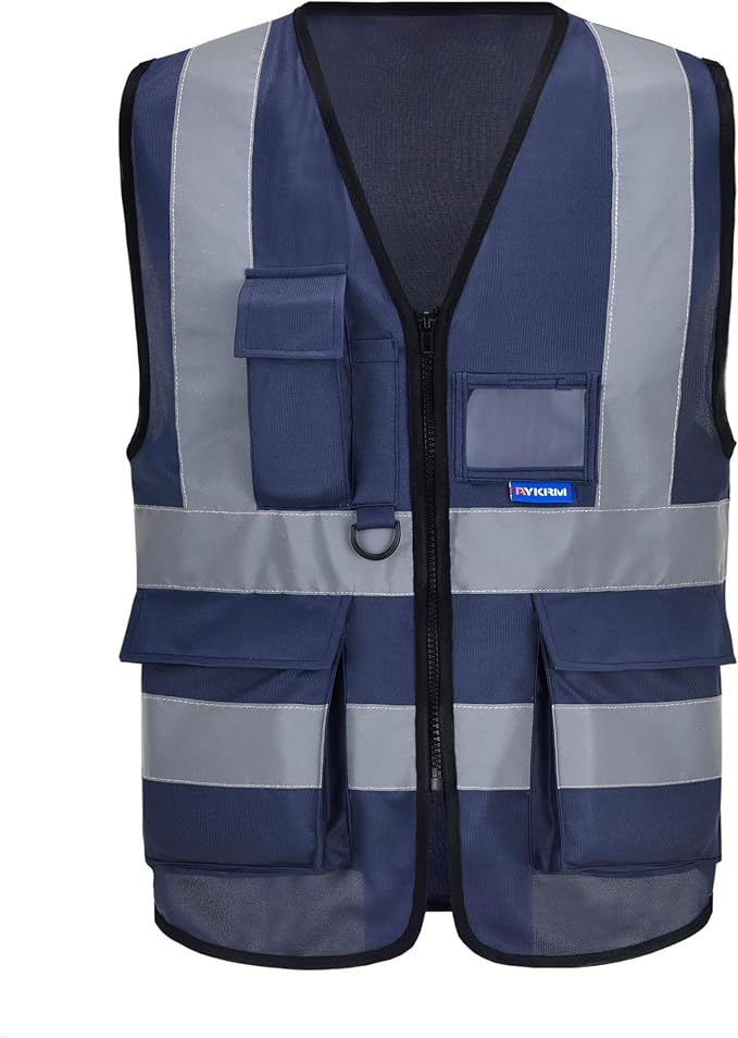 navy blue safety vest with zipper pockets