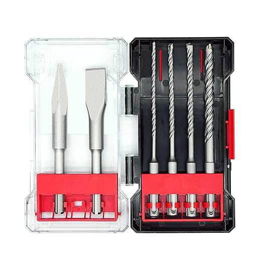 6Pcs SDS Plus Rotary Hammer Drill Bit Set,Concrete Drill Bit Kit with Point Chisel,Flat Chisel,Cross Type Double Thread Carbide Material for Concrete,Stone,Brick,5/32 3/16 1/4 3/8"