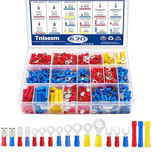 Tnisesm 620Pcs Insulated Wire Crimp Connectors Assortment Kit, Fork Ring Spade Butt Quick Disconnect Terminals Lugs Set, Male/Female Wire Cable Connectors