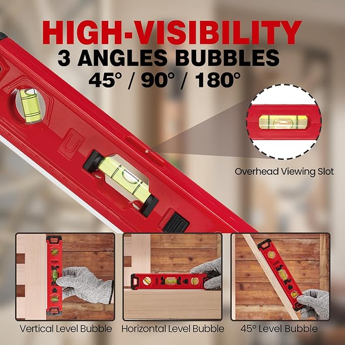 KATA Torpedo Level Magnetic with Light: 9 Inch Shockproof Small Leveler Tool with Ruler - 3 Bubbles Spirit Level with Extra 2 Line Bubble Vials - Plumbing Levelers for Hanging Pictures Home Renovation