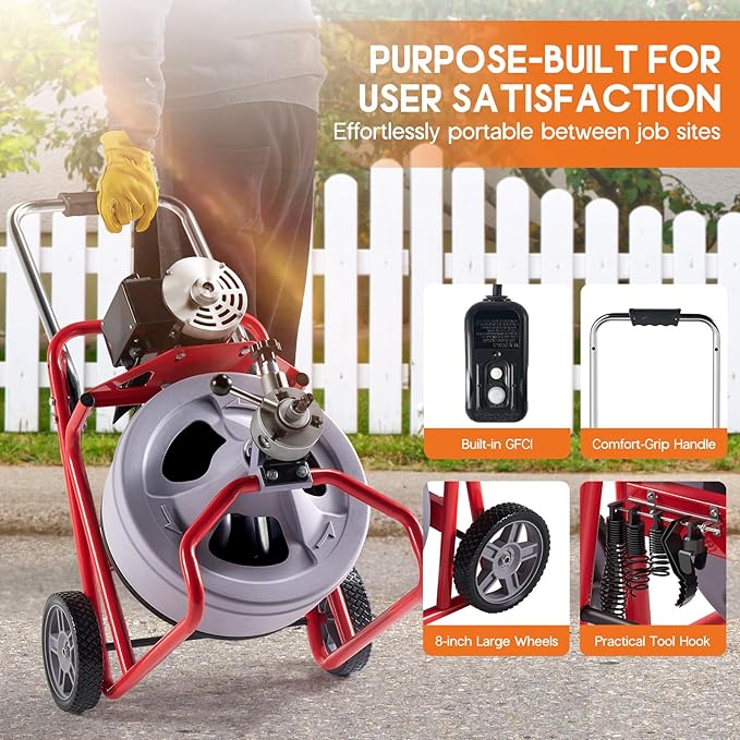 Albott 75 FT x 1/2 inch Electric Drain Cleaner Machine with Auto-Feed & 9 Cutters, Sewer Snake Auger for 1–4 Inch Pipes, Foot Switch & Wheels, Ideal for Home & Commercial Use, Grey/Red