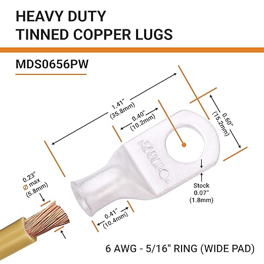 SELTERM 10pcs 6 AWG-5/16 Stud (Wide Pad) Tinned Copper Wire Lugs, Heavy Duty Battery Cable Ends,6 Gauge Ring Terminals, UL Battery Lugs Marine Grade Copper Eyelets Battery Terminal Connectors