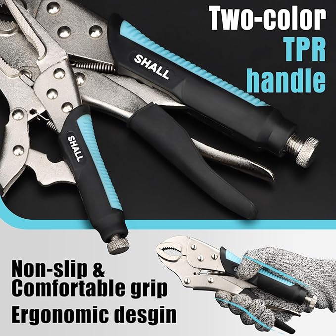 SHALL 6-Piece Locking Pliers, Vice Grips Pliers Set, 5",7" & 10" Curved Jaw Locking Pliers, 6-1/2" & 9-1/2 Long Nose Locking Pliers, 6" Locking C-Clamp, Two-Color TPR Handle, Roll Up Pouch Included