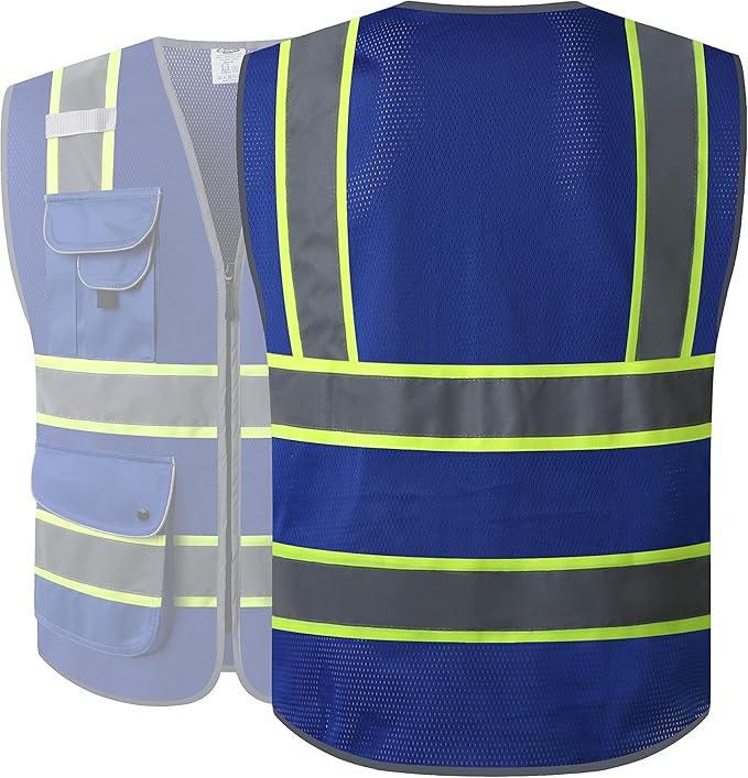 JKSafety 9 Pockets High Visibility Zipper Front MESH Blue Safety Vest | Blue with Dual Tone High Reflective Strips | ANSI/ISEA Standards (100-Blue, XXL)