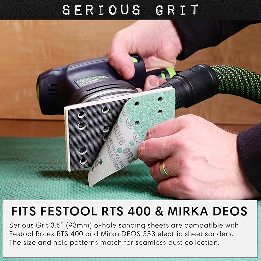 3" x 5" (80mm x 133mm) 14-Hole 80 Grit Sanding Sheets - Fits Festool RTS 400 & Mirka Deos 353 - Heavy-Duty Hook & Loop Film Abrasives - Sandpaper for Sheet Sanders - 50 Pack Box