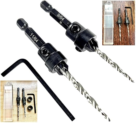 FTG USA Countersink Drill Bit Set #6 (9/64") and #8 (11/64") Wood Countersink Drill Bit, Tapered Countersink Bit, Stop Collar, Hex Wrench, Woodworking Countersink Drill Bits