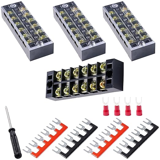 Terminal Block (4 Sets) 4Pcs 6 Positions Dual Row 600V 25A Screw Terminal Strip Blocks with Cover&4Pcs Pre-Insulated Barrier Termina Block Strip& 24Pcs Insulated Fork Wire Connector