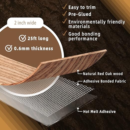GSCIT Club Red Oak Edge Banding, 2 inch x 25ft roll of Veneer Edge Banding - Pre-glued Flexible, Real Wood Tape for Cabinet Repair & Furniture Restoration