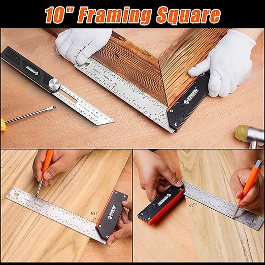 4Pcs Woodworking Tools -7''Aluminum Rafter Square,12''Adjustable Protractor Angle Finder,10'Woodworking Square Ruler and T-Bevel Gauge-1/16 Precision…