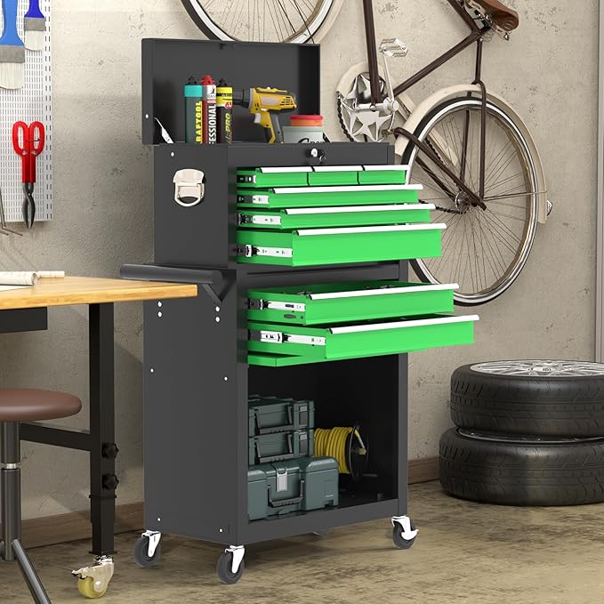 8-Drawers Large Tool Chest, 2-in-1 Detachable Garage Rolling Tool Box Metal Tool Storage Cabinet Removable Lockable Tool Cart with Wheels and Drawers