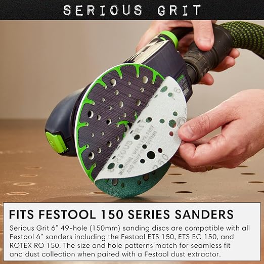 6-Inch 49-Hole 150 Grit Sanding Discs - Heavy-Duty Hook & Loop Film Discs - Sandpaper for Random Orbital Sanders - 50 Pack Box