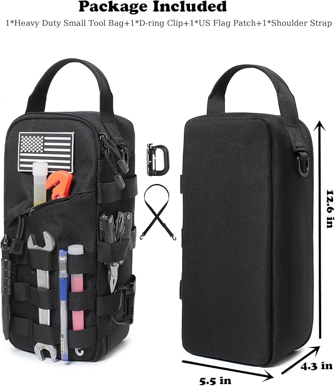 Heavy Duty Small Tool Bag with D-Ring Clip,Flag Patch&Shoulder Strap - Small Tactical Molle Zipper Tool Bag,EDC Storage Tool Bags for Men,Multipurpose Utility Work Organizer Bag