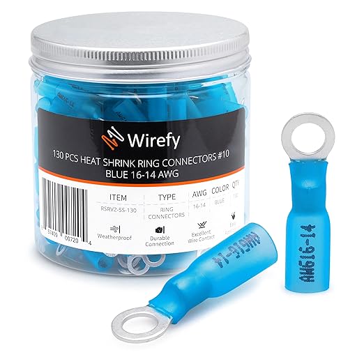 Wirefy Heat Shrink Ring Terminals #10 - Marine Grade Terminal Connectors - Waterproof Eyelet Wire Connectors - Red 16-14 AWG - 130 PCS | Heat Shrink Wire Connectors and Ring Terminal Kit