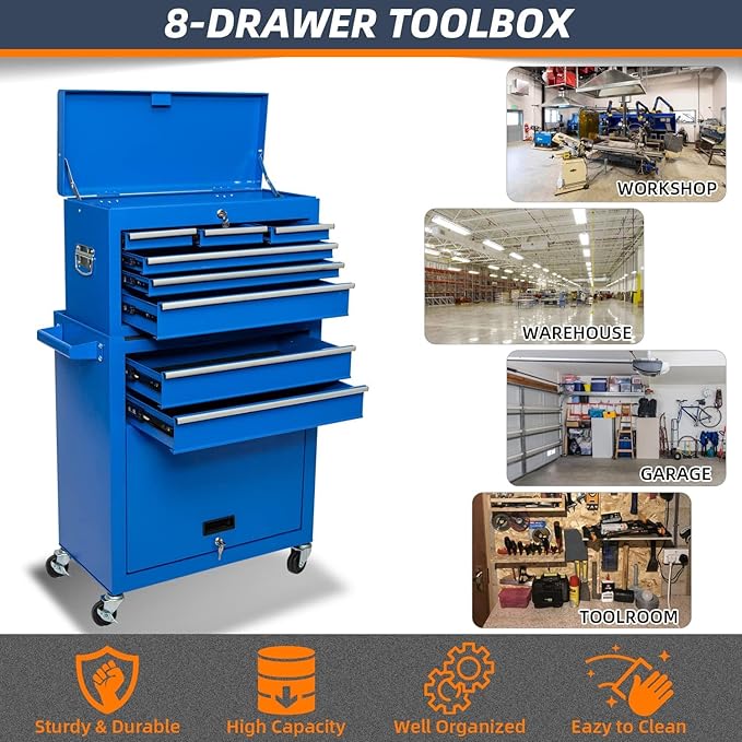8-Drawer High Capacity Rolling Tool Chest - Wheeled Cabinet with Lockable Drawers - Combo Tool Box for Workshop & Mechanics Garage