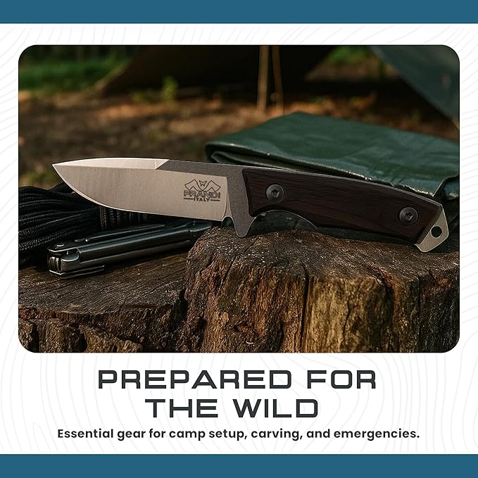 Prandi Cortel Traditional Fixed Blade Knife – Bushcraft Full Tang Survival Knife with Handmade Leather Belt Sheath for Hunting, Camping, Tactical, and Outdoor Field Use – AISI420MoV Steel – 3.076.T