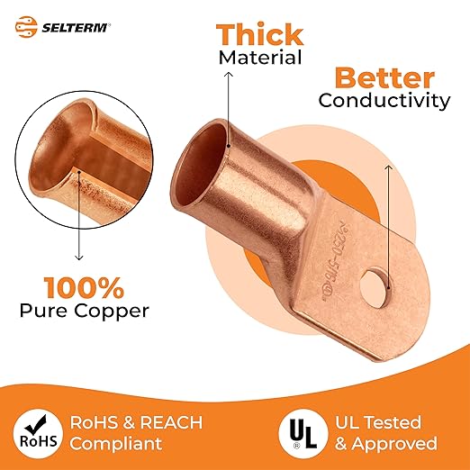 SELTERM 10pcs 250 MCM - 5/16" Stud - Battery Lugs, Heavy Duty Wire Lugs, Ring Terminals, Battery Cable Ends,250 kcmil Terminals, UL Bare Copper Eyelets Electrical Battery Terminal Connectors