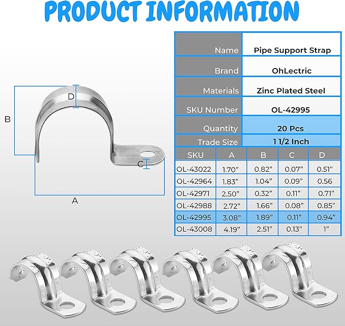 OHLECTRIC Heavy Duty Pipe Strap (20 Pack - 1-1/2 Inch) Zinc-Plated Steel EMT Conduit Clamps - 1 Hole Reinforced Rib Design - Snap-On Installation - Metal Pipe Strap for EMT Conduits