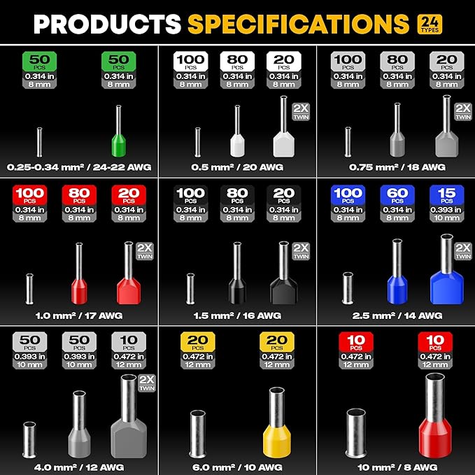 Ferrule Crimping Tool Kit with 24 Sizes Ferrules, Ratchet Pliers for AWG24-8, Hexagonal Wire Crimp Pliers for Professional Electricians and DIY, Durable and Easy to Use with Crimp Connectors