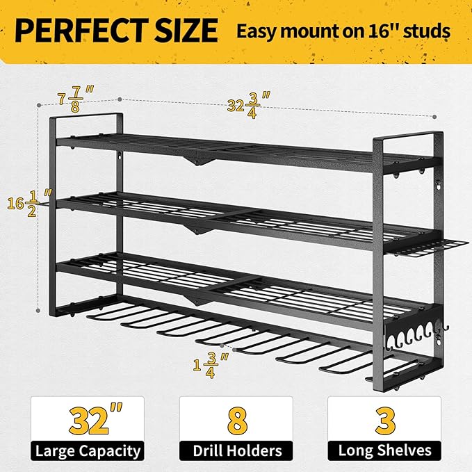 SOYEEZE Power Tool Organizer, Drill Holder Wall Mount, 4 Layers Tool Storage, Heavy Duty Garage 8 Drill Storage Shelf with Hammer/Screwdriver/Hooks Rack, Extra Large Capacity