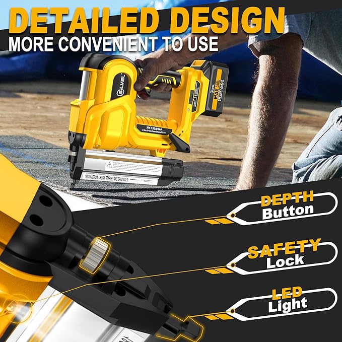 SILVEL 2" Cordless Brad Nailer, 2-in-1 21V Electric Brad Nailer with 2 * 2.0Ah Battery, 1000pcs Nails, 18GA Staples, Adjustable Depth for Woodworking, Home Improvement, yellow