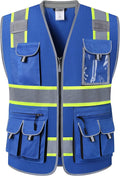 JKSafety 10 Pockets Hi-Vis Zipper Front Fluorescent Blue Safety Vest | Cushioned Collar | High Reflective Tapes with Extended Neon Yellow Strips | Meets ANSI/ISEA Standards (3X-Large, 89-Blue)