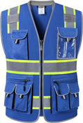 JKSafety 10 Pockets Hi-Vis Zipper Front Fluorescent Blue Safety Vest | Cushioned Collar | High Reflective Tapes with Extended Neon Yellow Strips | Meets ANSI/ISEA Standards (4X-Large, 89-Blue)