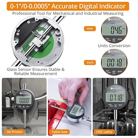 Neoteck 0-1”/0.0005" Digital Dial Indicator Gauge and 132 lbs (60kg) Max Pull Magnetic Base,Digital Dial Indicator Set with Inch/Metric Conversion for 3D Printer and CNC Machine-Black