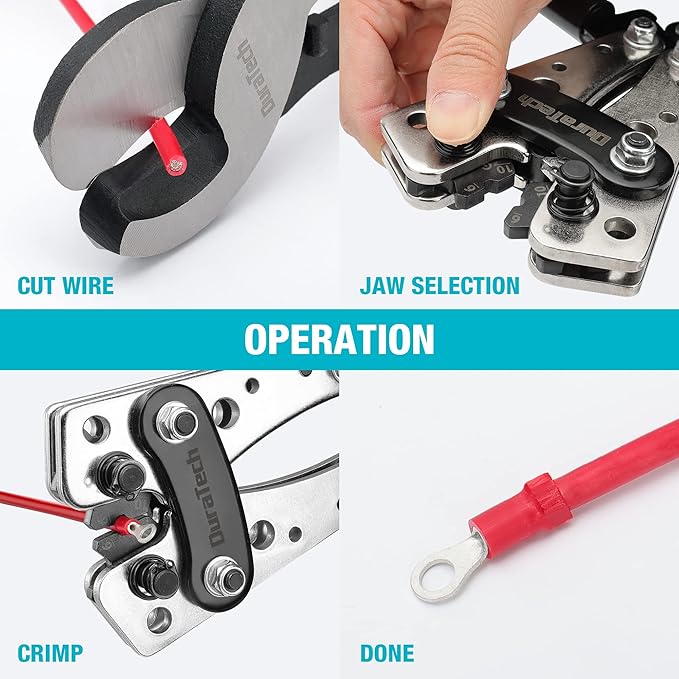 DURATECH Battery Cable Lug Crimping Tool with Wire Cutter-Wire Crimper Tools-AWG 10 8 6 4 2 1/0-Battery Terminal Crimper for Heavy Duty Wire Lugs, Copper Lugs