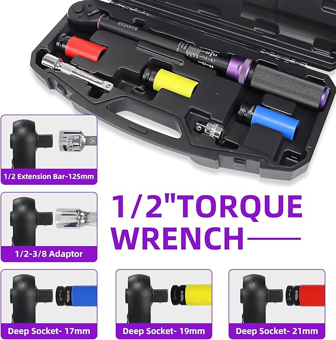 1/2-Inch Drive Click Torque Wrench Set, With Deep Socket, Adaptor, Extension Bar, Dual-Direction Adjustable Reversible Click, Dual Range Scales 10-170FT.LB and 13.6-230.5N.M