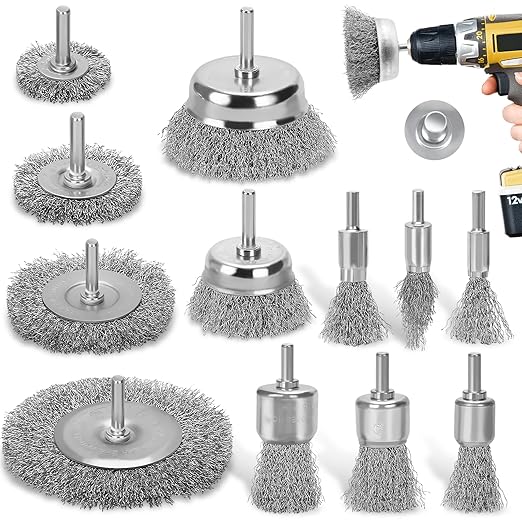 Wire Brush for Drill Set, 12Pcs Cup, Wheel & End Brush Kit with 1/4” Shank, Carbon Steel Drill Brush Attachments for Rust Removal, Stripping, and Abrasive