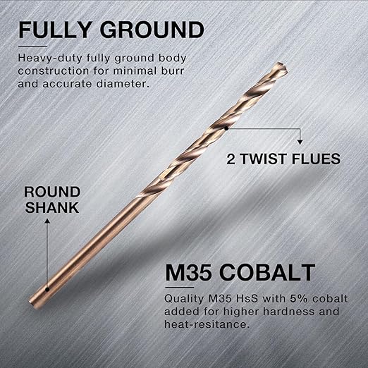 1/2 Inch Cobalt Drill Bits (5pcs), M35 High Speed Steel, 135 Degree Tip, Jobber Length Twist Drill Bit Set for Hard Metal, Stainless Steel, Cast Iron, Wood and Plastic, with Storage Case