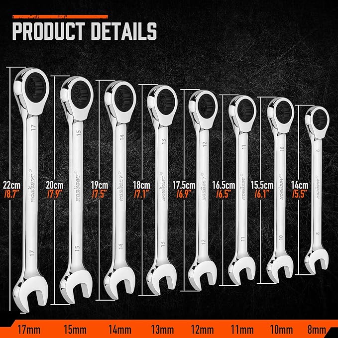 HORUSDY 8-Piece Metric Ratcheting Wrench Set | Ratchet Combination Wrench Set with Organizer | 72-Teeth | 8mm - 17mm | Chrome Vanadium Steel