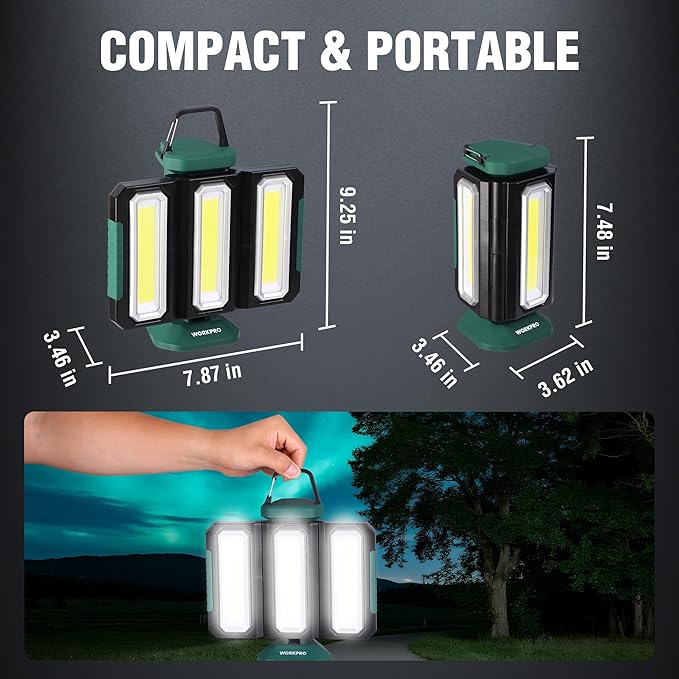 WORKPRO Rechargeable USB-C LED Work Light, Foldable Magnetic Light with Hanging Hook, 270° Rotatable, Tripod Mountable, Cordless Flashlight Light for Garage, Workshop, Auto Repair, Camping