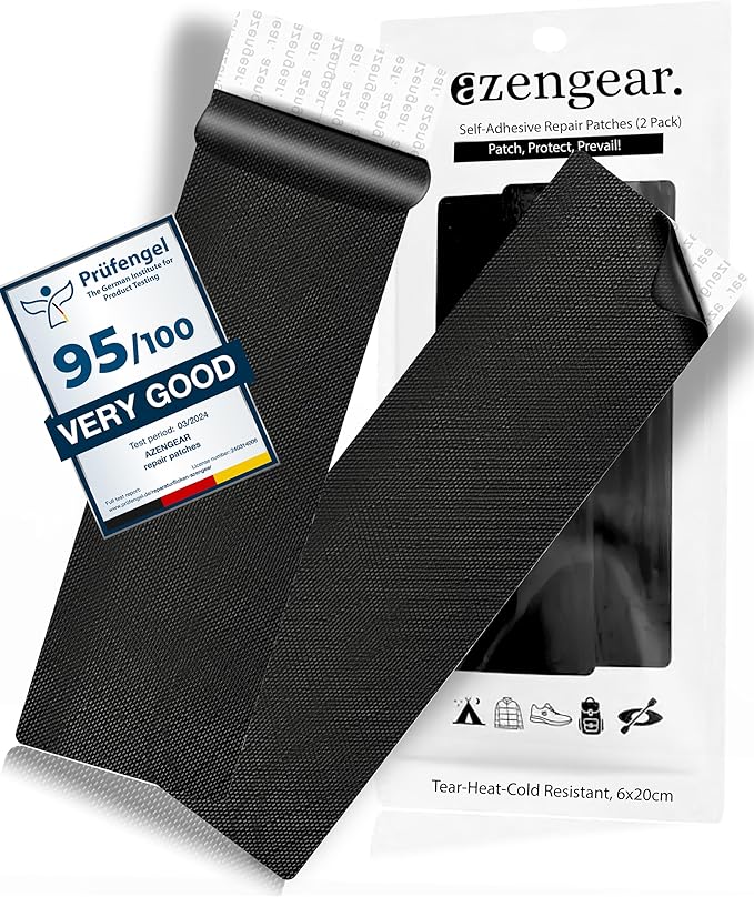 aZengear Repair Patches - Waterproof, Self-Adhesive, Tear-Cold-Heat-Resistant Polyester Fabric to Fix Down Jacket, Puffer, Snowsuit, Shoe, Tent, PVC, Clothing, Upholstery (Black (2 Strips))
